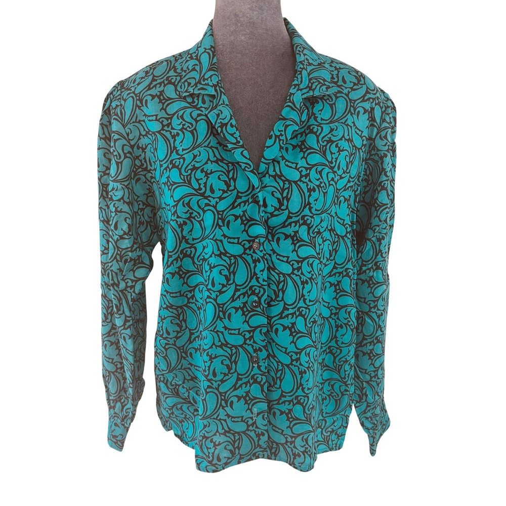Country Suburbans Retro Vintage Teal Black Paisley Button‎ Up Blouse Size 12 USA